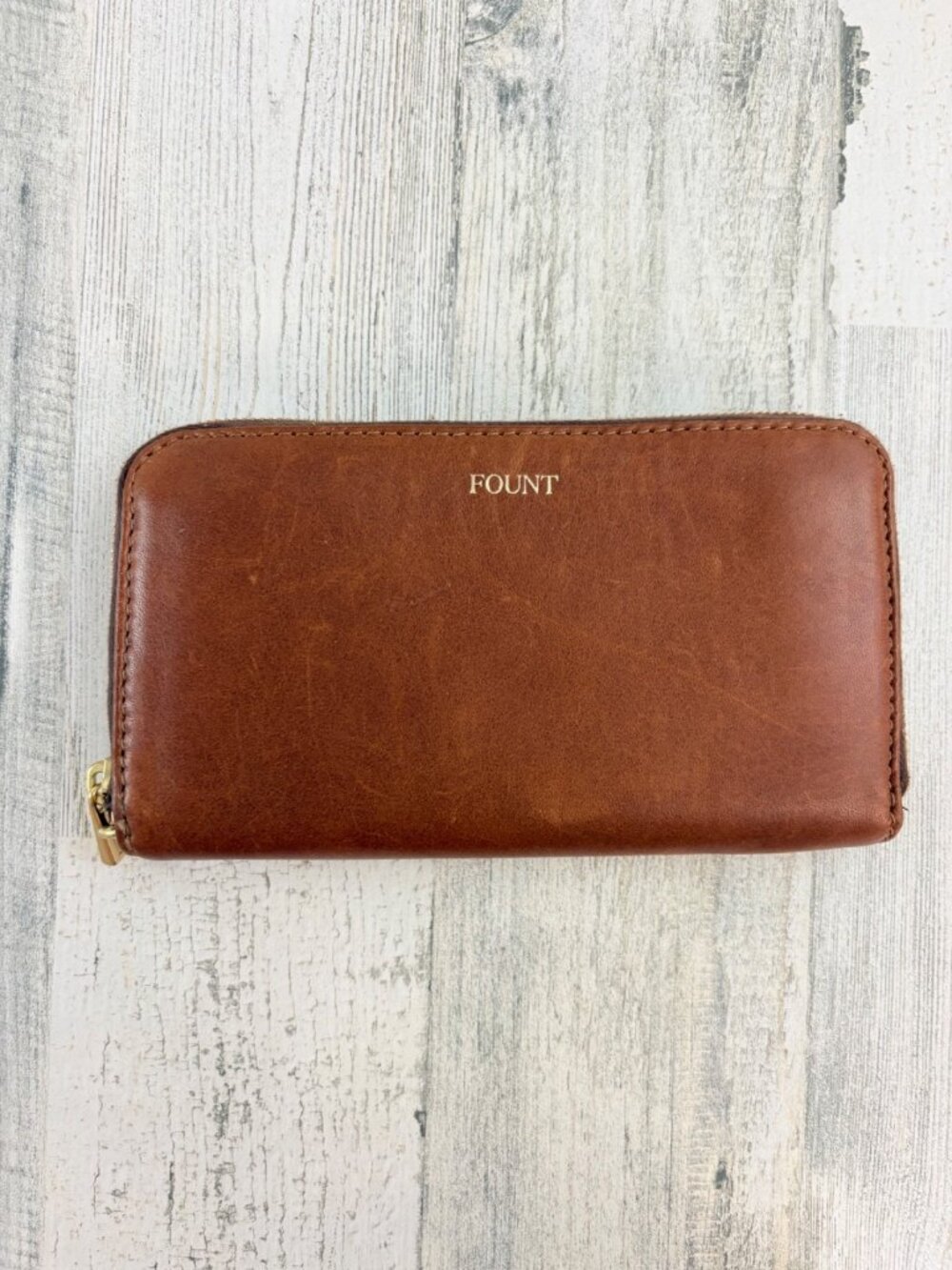 FOUNT Brown Leather Zip Cettie Accordion Wallet